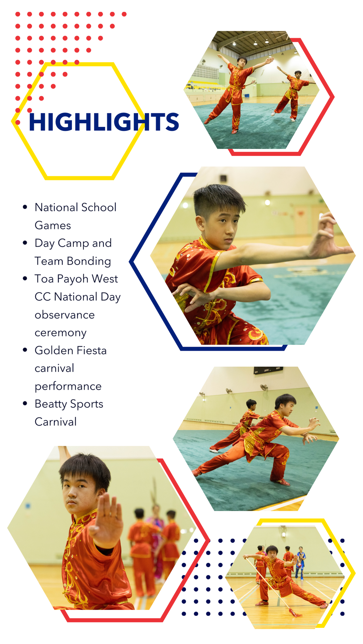 Highlights flyer showing students in red wushu uniforms performing martial arts poses in a gymnasium.