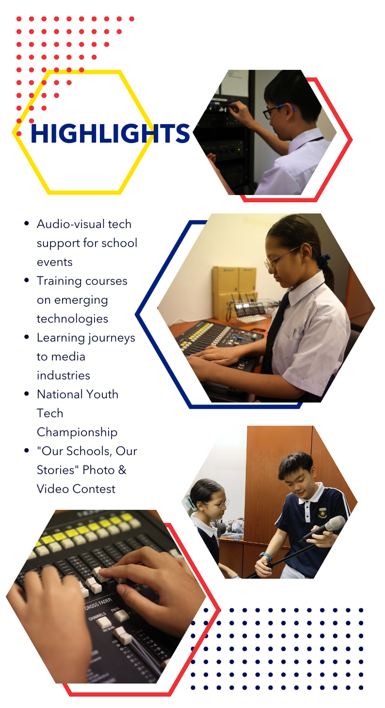 School highlights flyer showing students operating audio-visual equipment, mixing boards, and holding a microphone.
