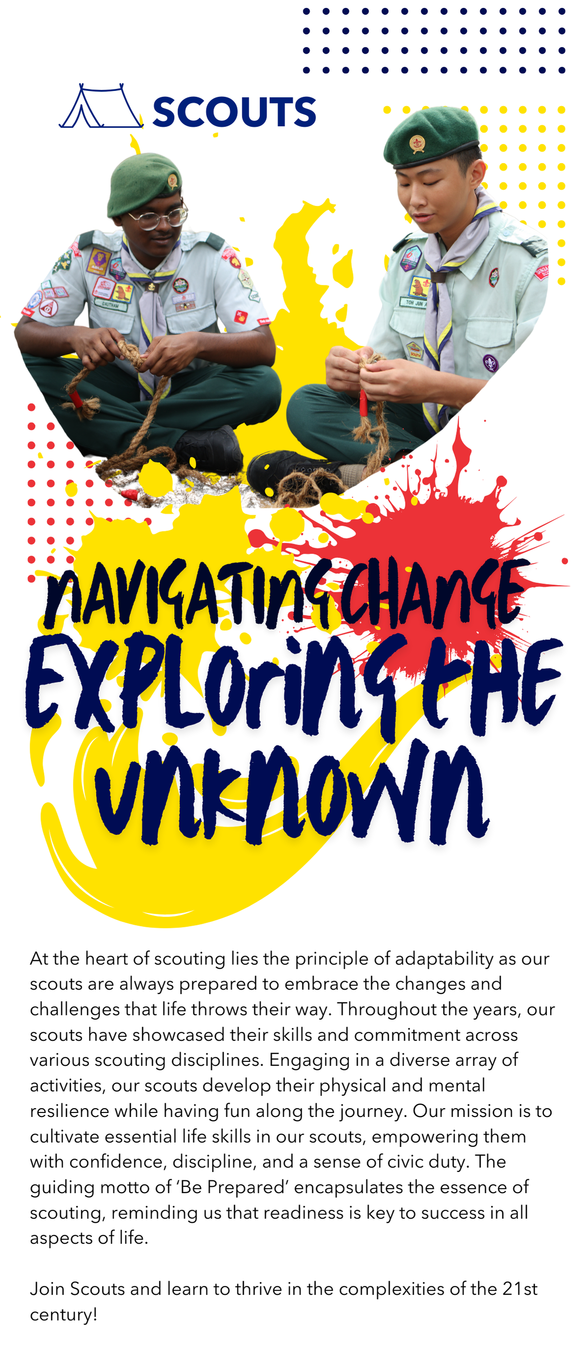 Two scouts in uniform and green berets work with rope, above bold text reading Navigating Change Exploring the Unknown.