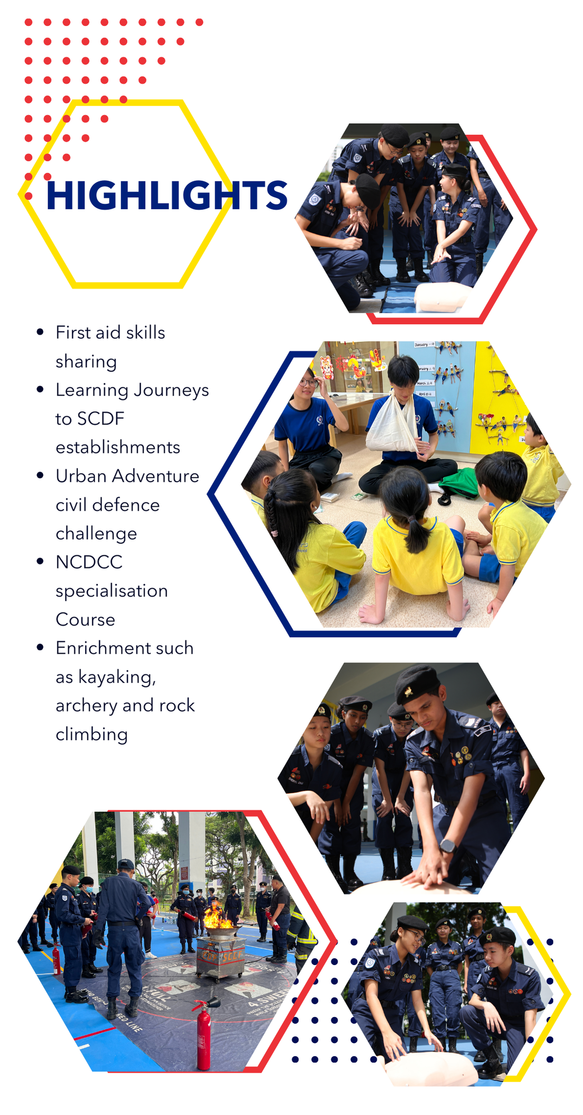 Highlights flyer showing students in uniform practicing first aid, CPR, and fire safety drills.