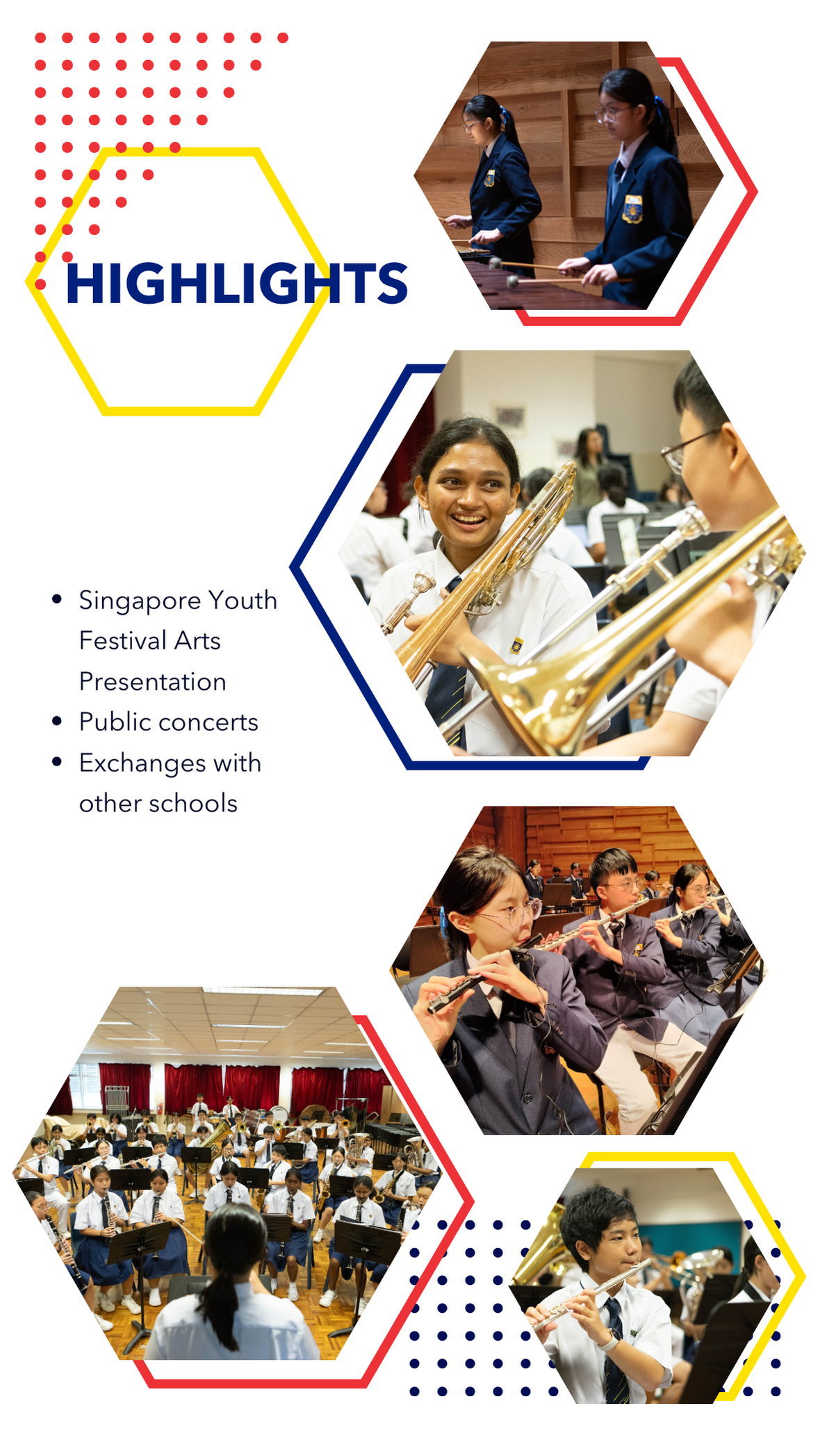 School band highlights poster showing students playing trombones, flutes, xylophones, and brass instruments in various performances.