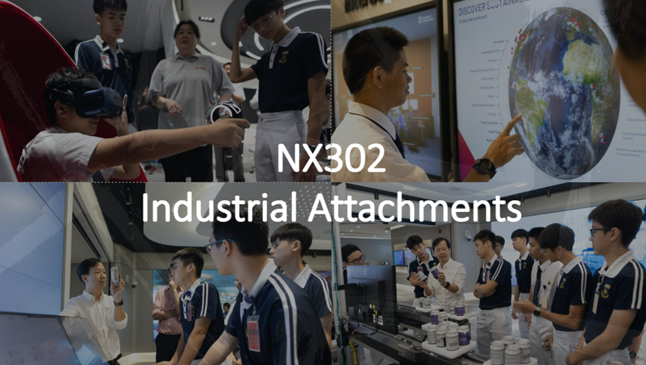 Four photos of students in uniforms during NX302 Industrial Attachments, trying VR, touching a globe screen, and observing equipment.