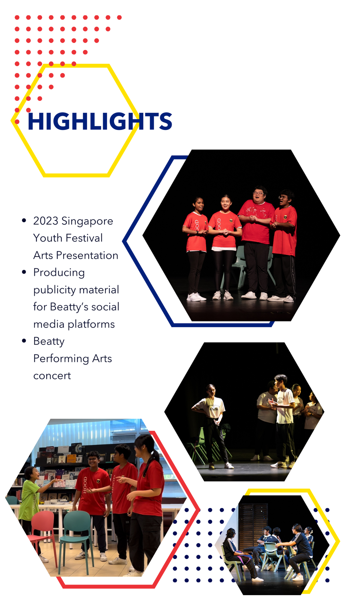 Highlights flyer with four hexagonal photos of students in red shirts performing on stage and in a library.