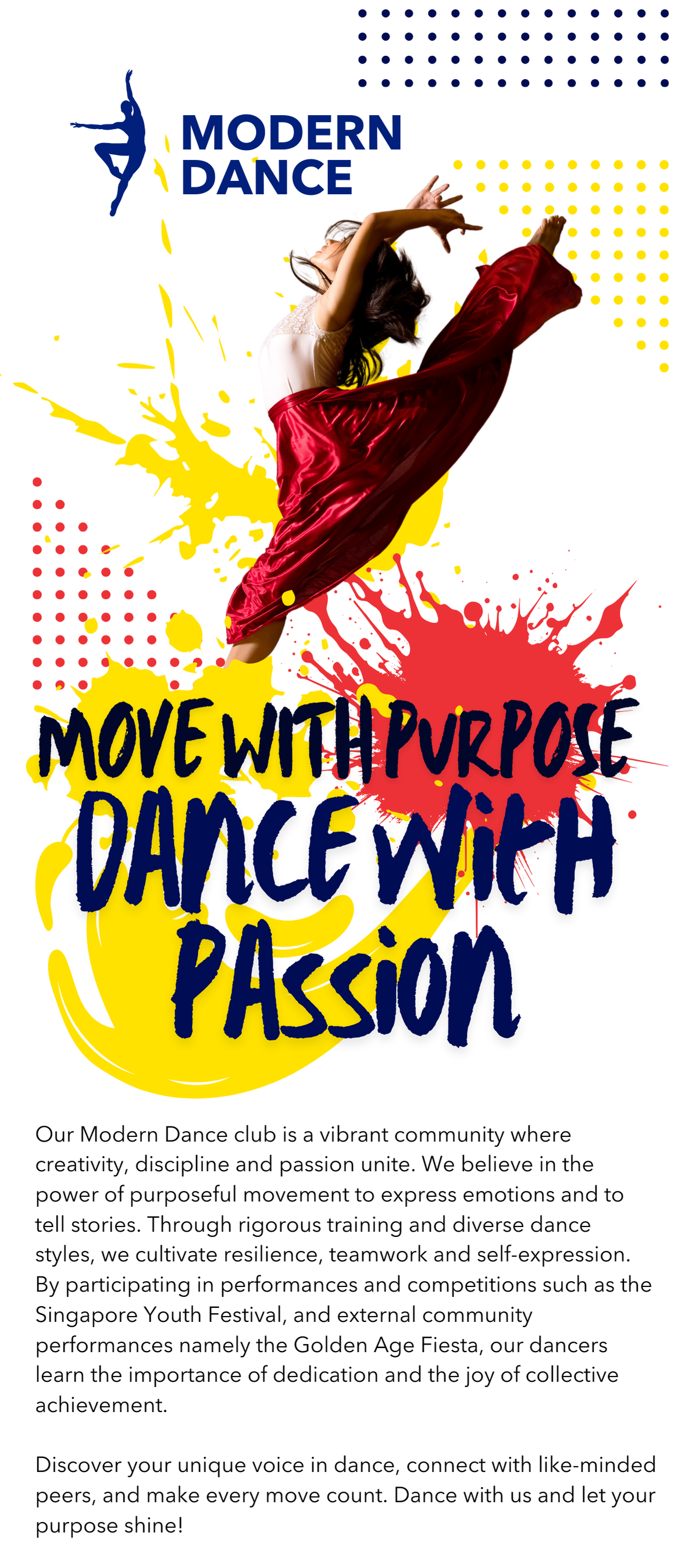 Modern Dance club flyer with a leaping dancer in red pants, bold text reading Move With Purpose Dance With Passion.