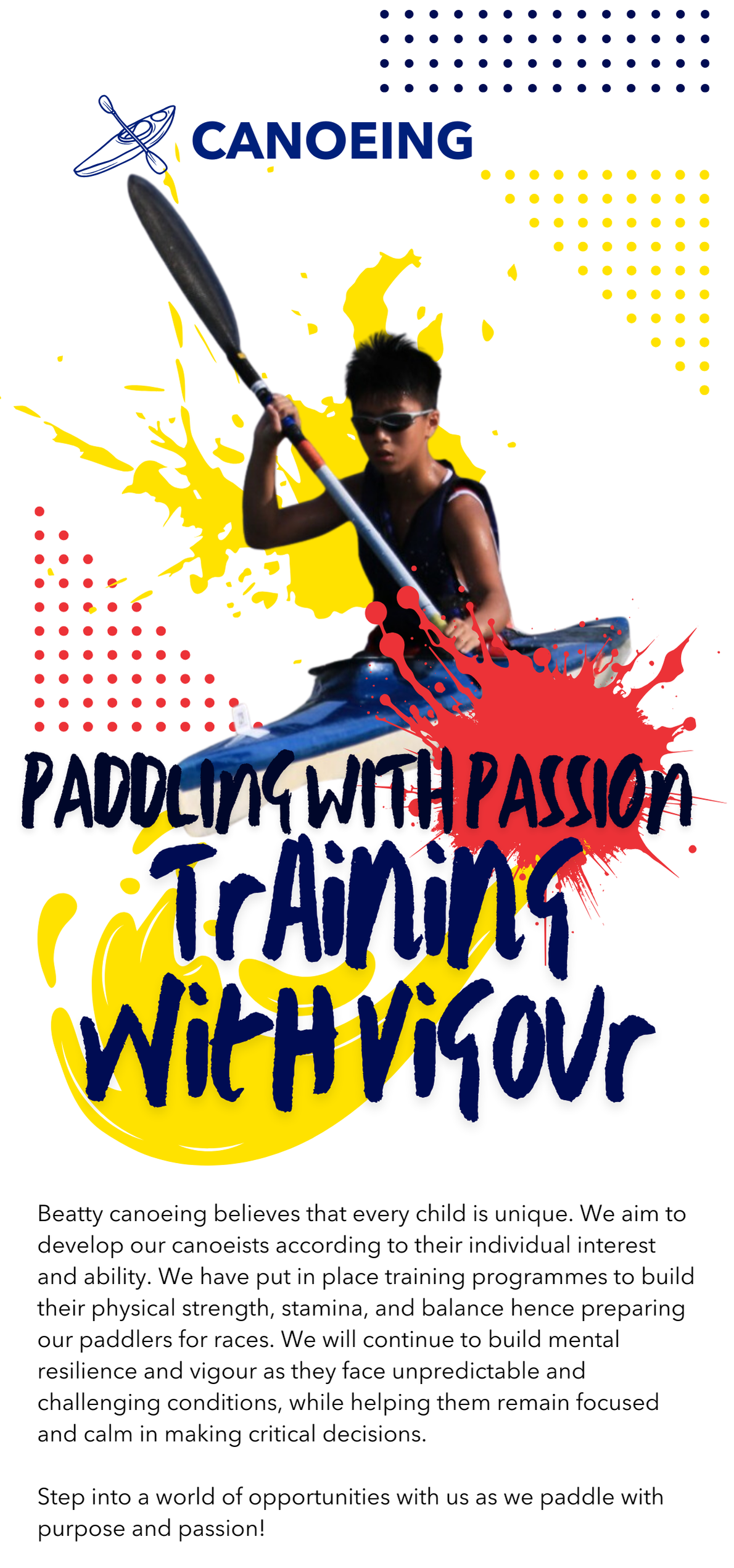 A young athlete in sunglasses paddles a blue kayak on a canoeing promotional poster with bold text.