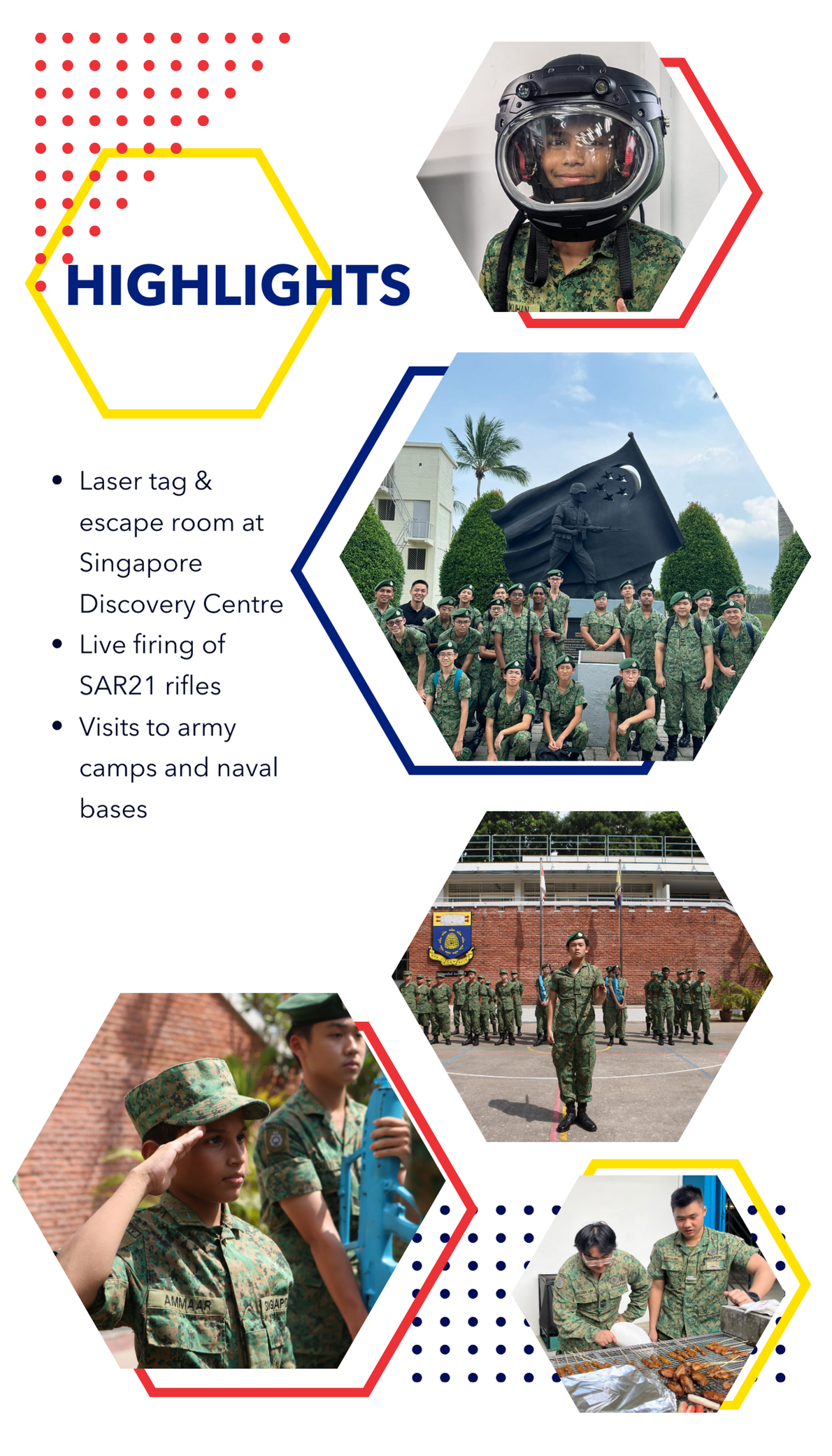 Highlights flyer showing soldiers in camouflage uniforms during military activities including saluting, drills, and cooking.