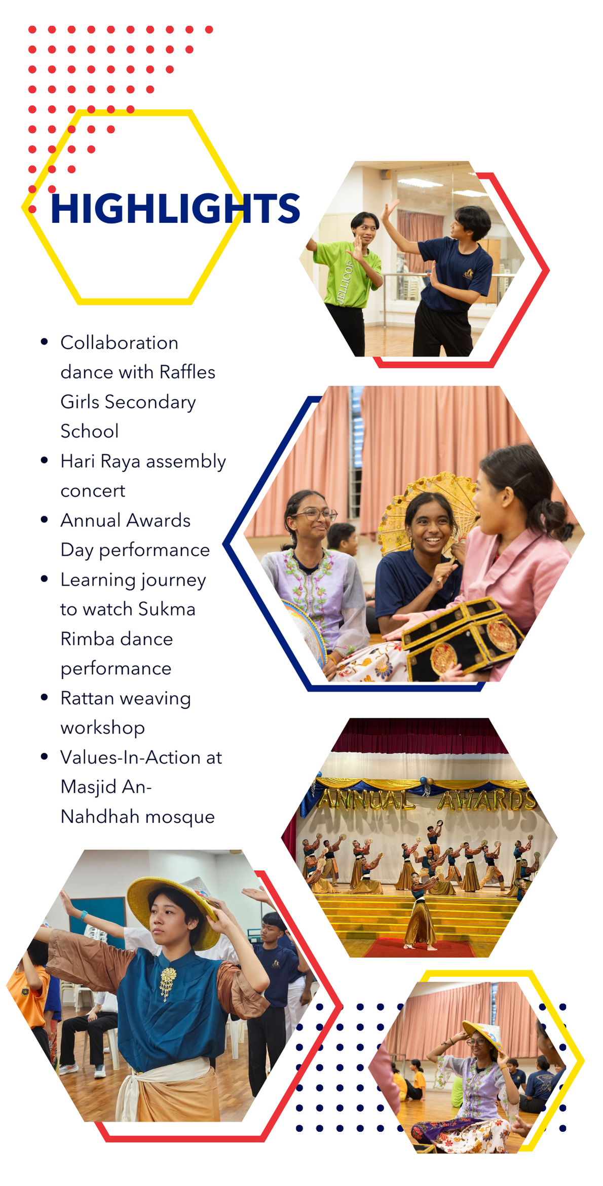 School highlights flyer with five hexagonal photos of students dancing, performing, and at cultural events.