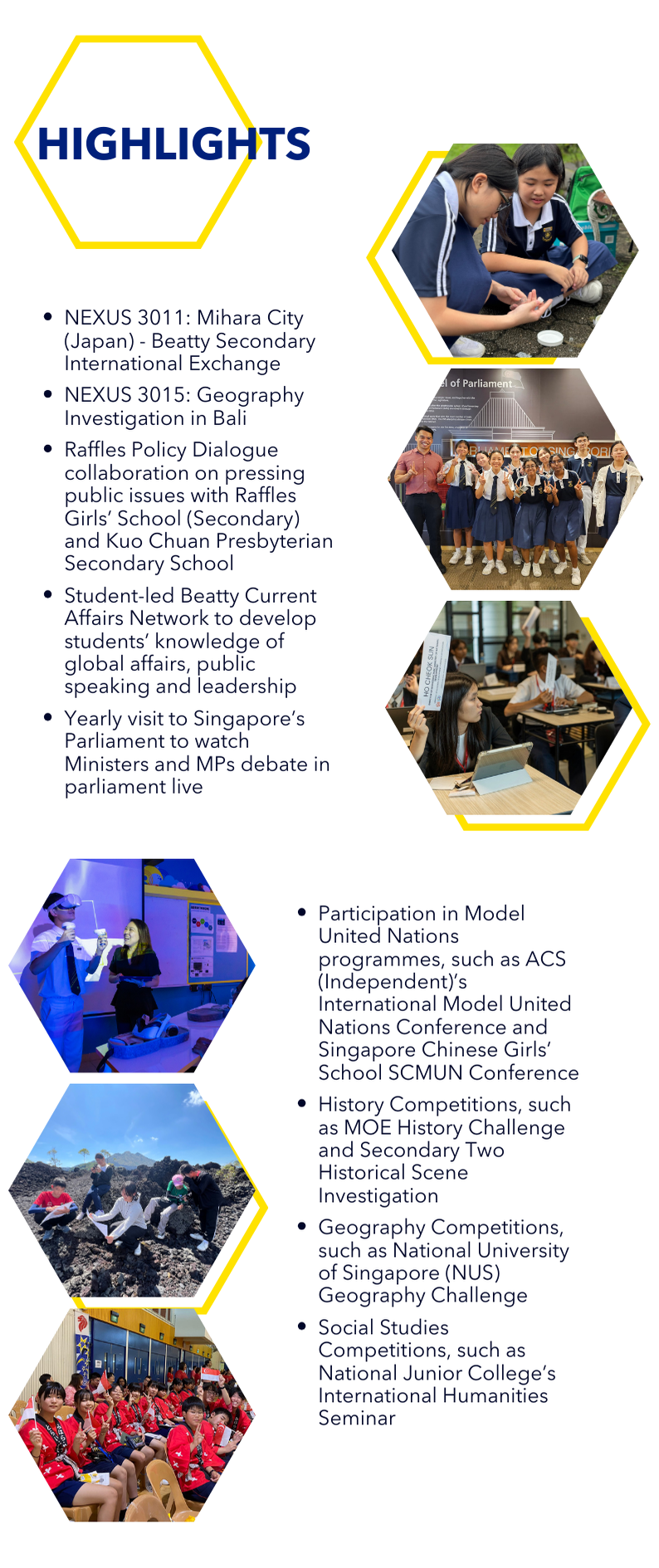 School highlights flyer with hexagon-framed photos of students and bullet points listing academic programs and competitions.