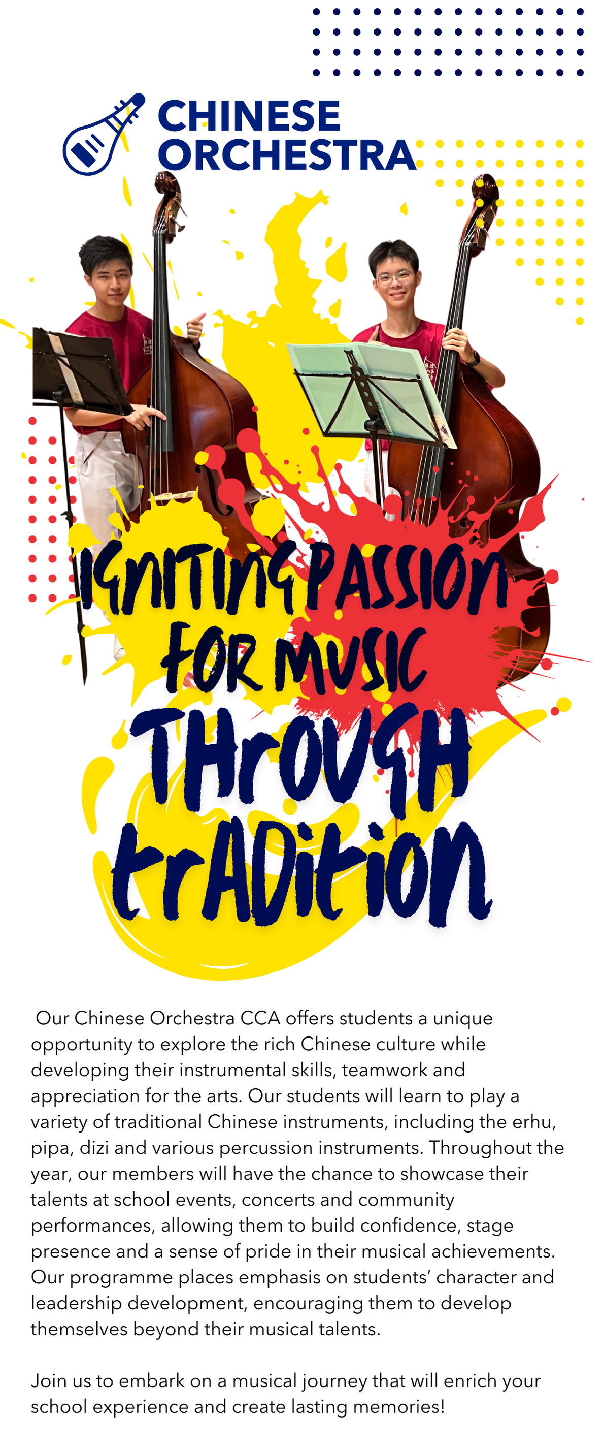 Two students in red shirts hold double basses beside music stands under the text Chinese Orchestra.