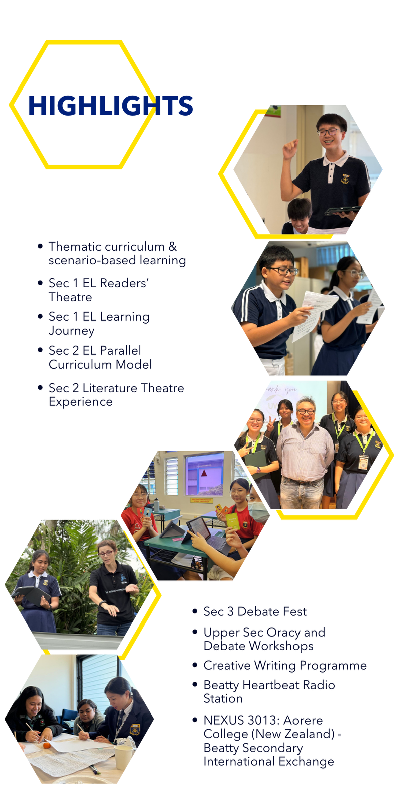 School highlights flyer with hexagon-framed student photos and bullet points listing EL and debate programmes.