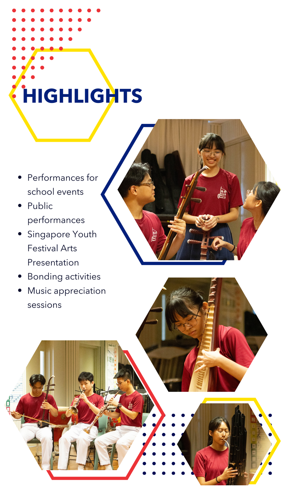 Students in red uniforms playing Chinese instruments like erhu and pipa, with a Highlights bullet list beside them.