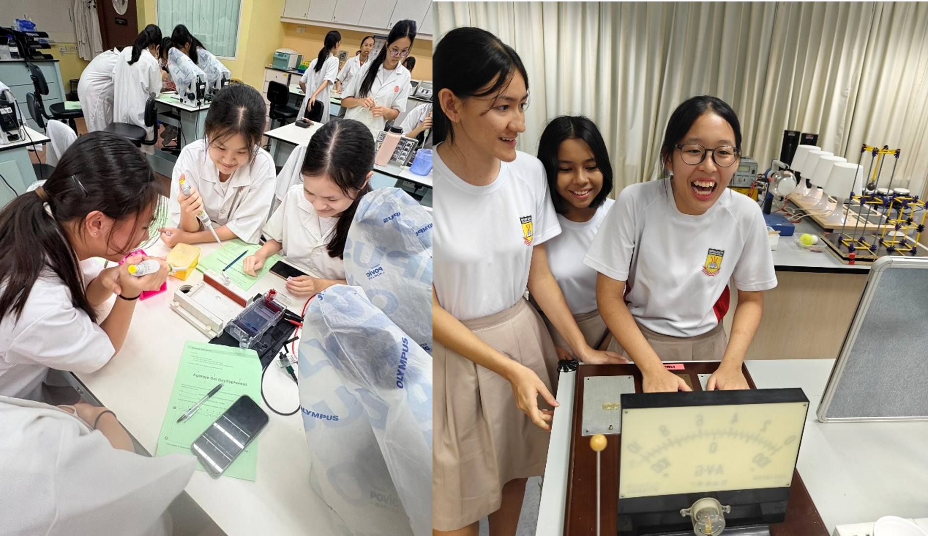 BDS students in lab coats carefully use micropipettes to conduct an agarose gel electrophoresis experiment in a science laboratory. (Right photo) Three smiling BDS students interact with and test a piece of laboratory equipment featuring an analog meter.
