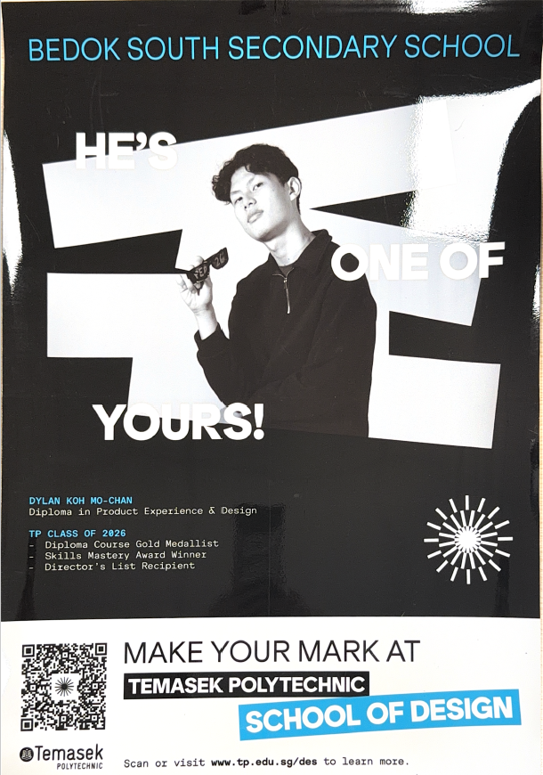 Temasek Polytechnic School of Design poster featuring student Dylan Koh, with text "He's One of Yours!"