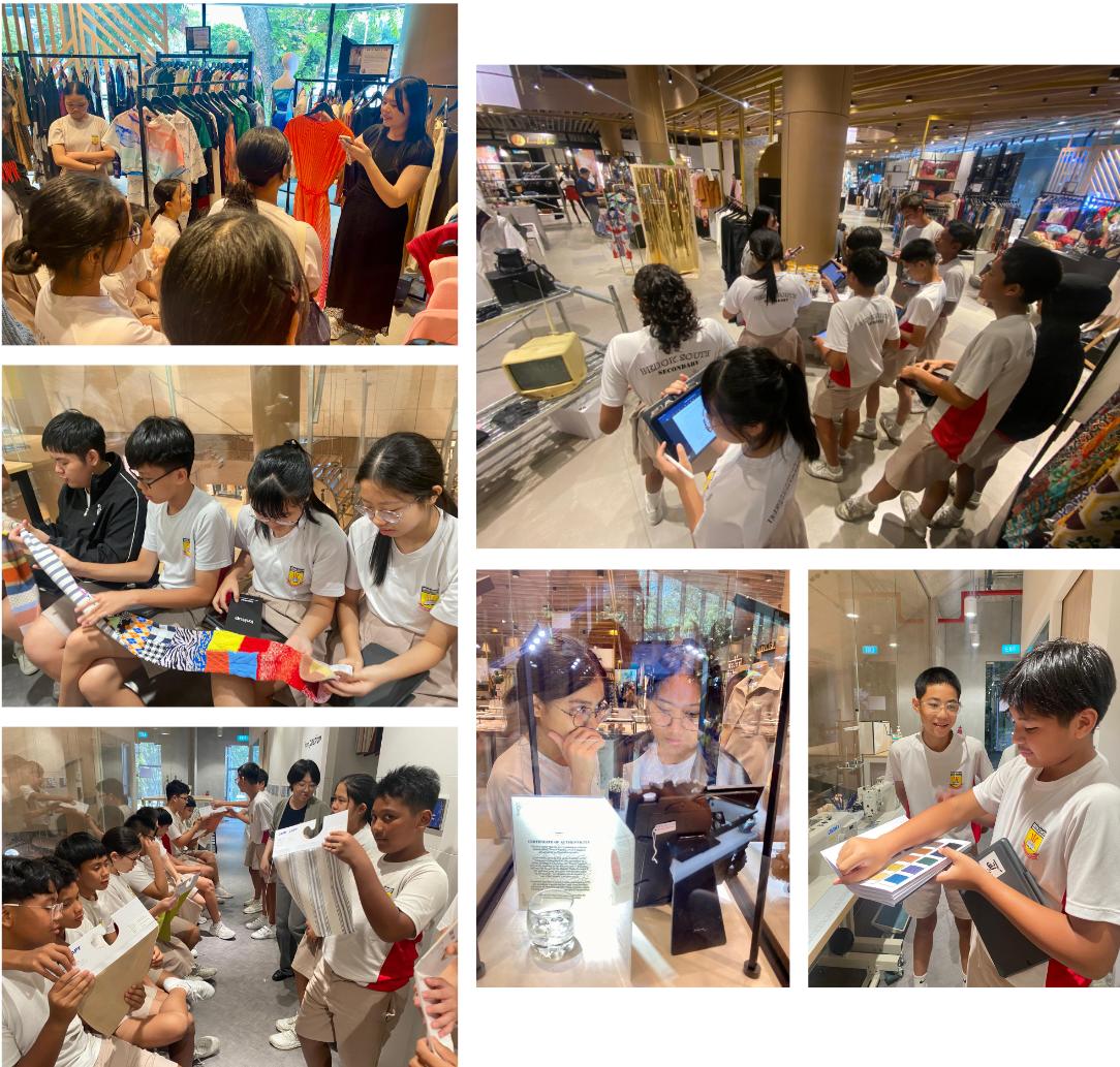 Students in white uniforms explore a shopping mall, examining fabrics, color swatches, and displays during a school field trip.