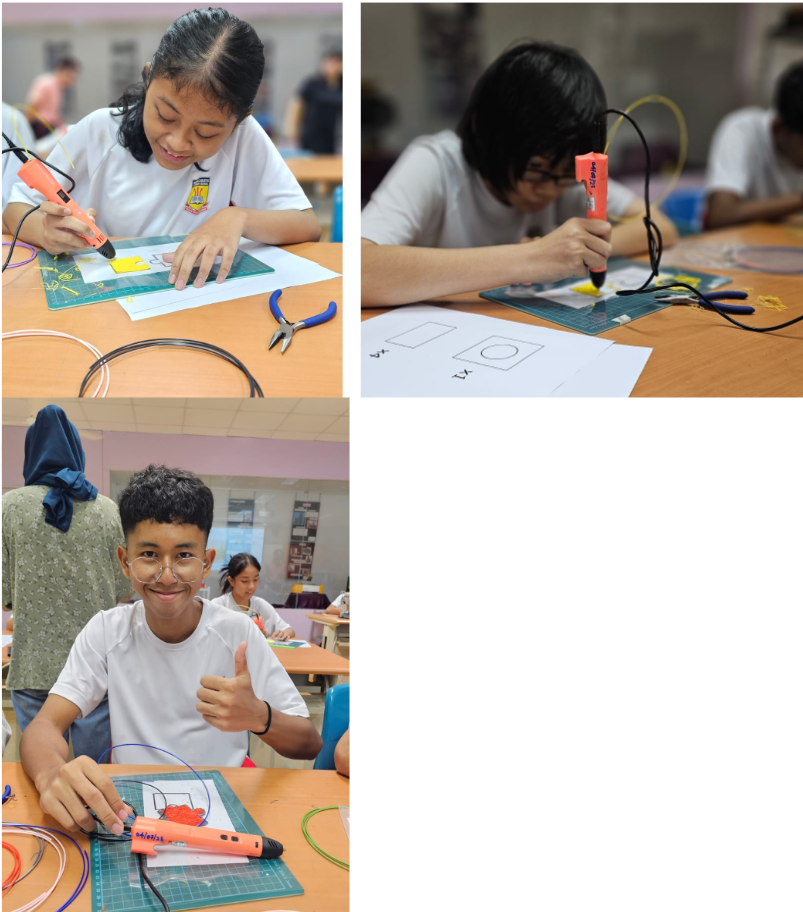 Three students using orange 3D pens at desks, with filament and cutting mats visible.