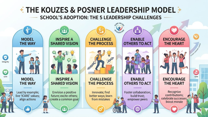 An infographic illustrating the school's adoption of The Kouzes & Posner Leadership Model across five key leadership practices: Model the Way: Lead by example, live 'ICARE' values, and align actions. Inspire a Shared Vision: Envision a positive future, excite others, and create a common goal. Challenge the Process: Innovate, find better ways, and learn from mistakes. Enable Others to Act: Foster collaboration, build trust, and empower peers. Encourage the Heart: Recognize contributions, celebrate successes, and boost morale.