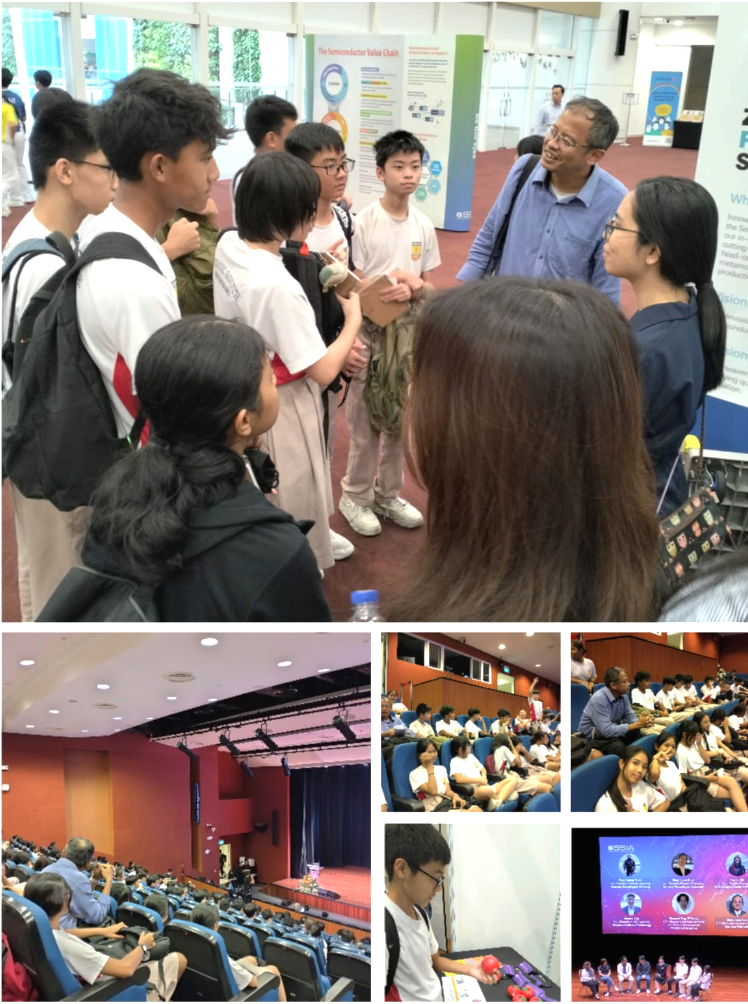 Students in white uniforms interact with an adult at an exhibition, with auditorium scenes shown in smaller photos below.