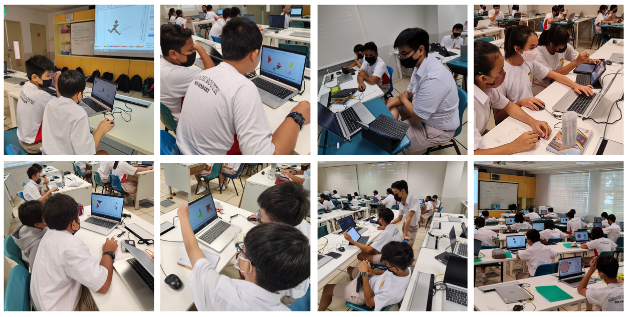 Students in white uniforms work on laptops in a classroom, with colorful shapes visible on their screens.