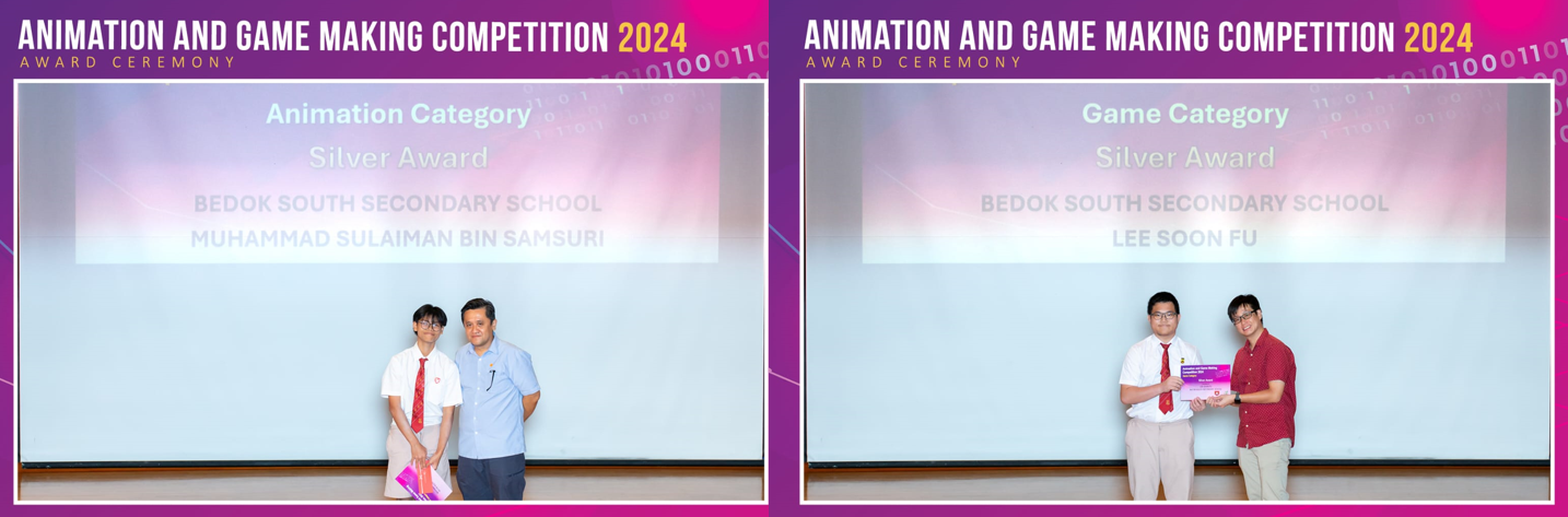 Two award ceremony photos from Animation and Game Making Competition 2024, showing Silver Award winners from Bedok South Secondary School.