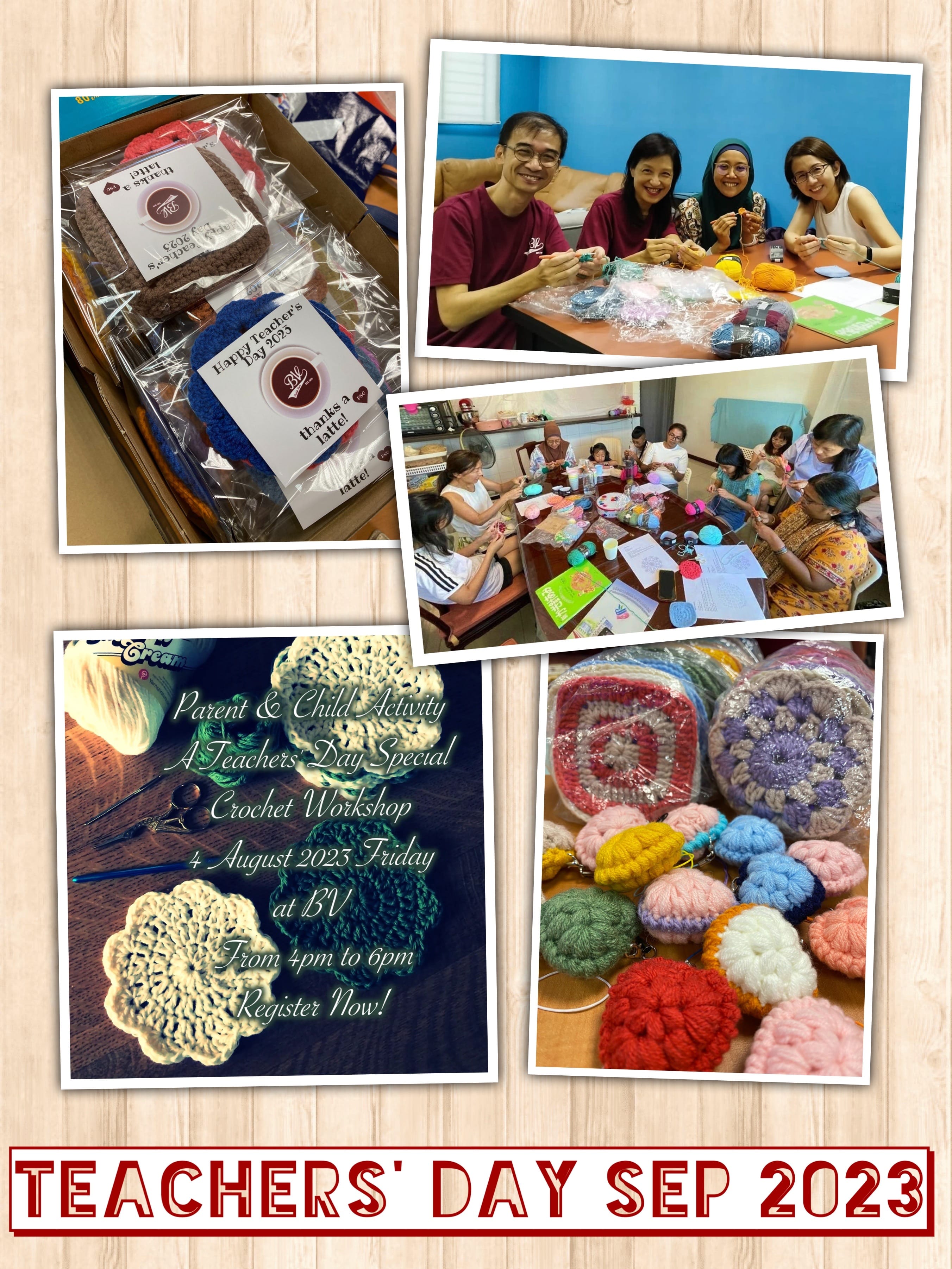 Collage of a Teachers' Day 2023 crochet workshop showing participants, colorful yarn pieces, and gift kits.