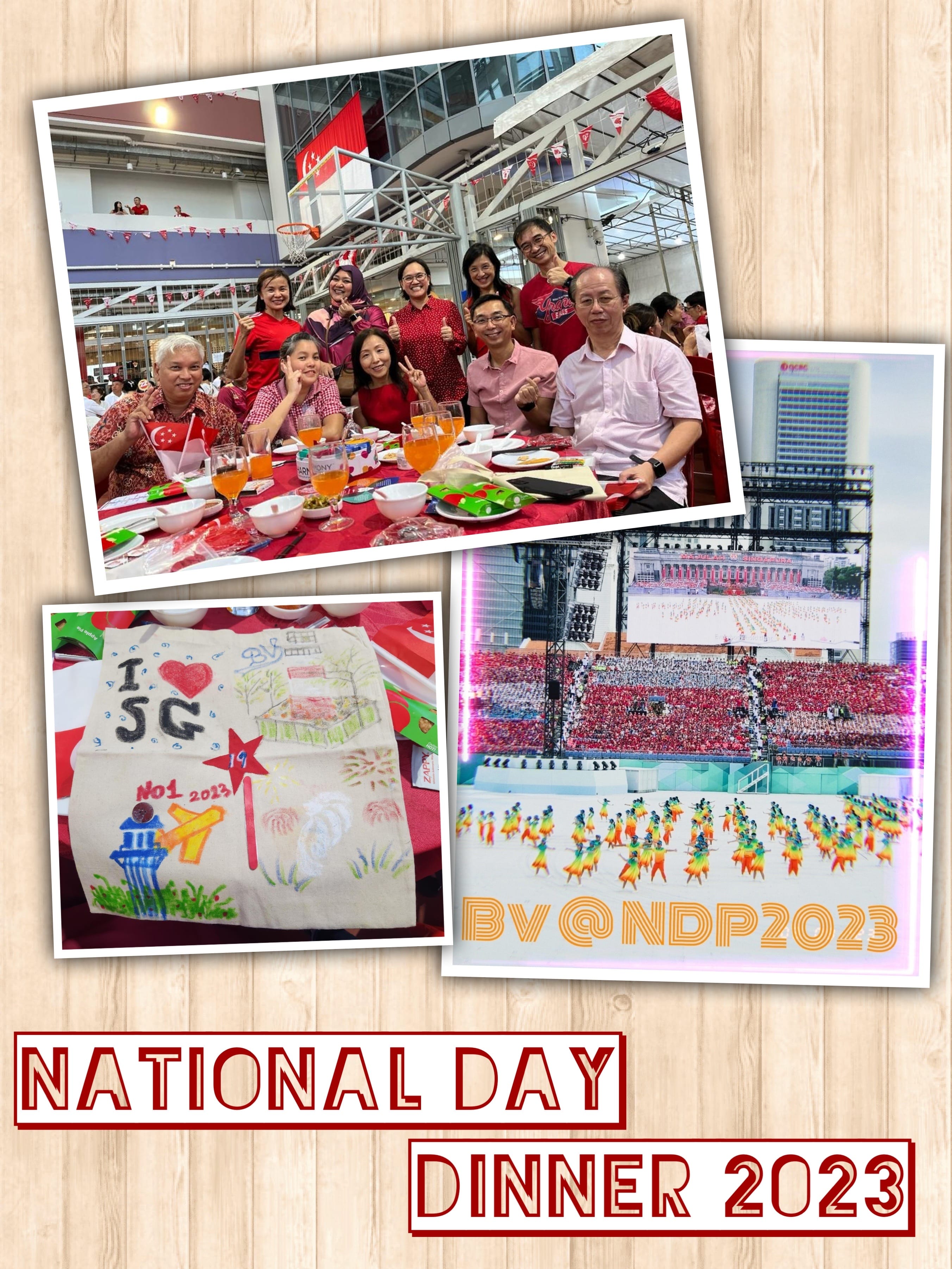 Collage of Singapore National Day Dinner 2023 showing a group dining, a parade stadium, and a hand-drawn patriotic shirt.