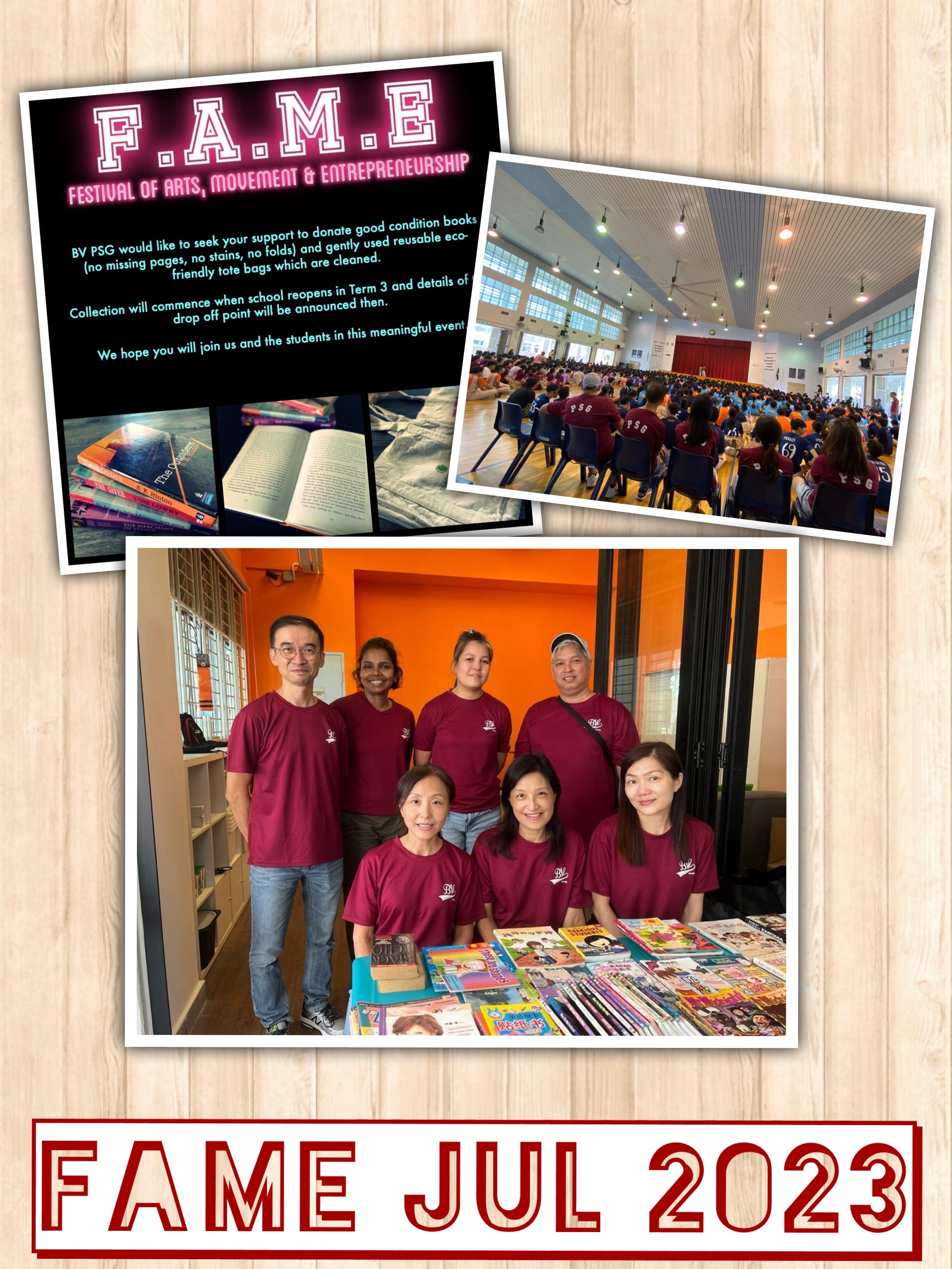 Flyer for FAME Jul 2023 event showing volunteers in maroon shirts at a book donation table and a crowded school hall.