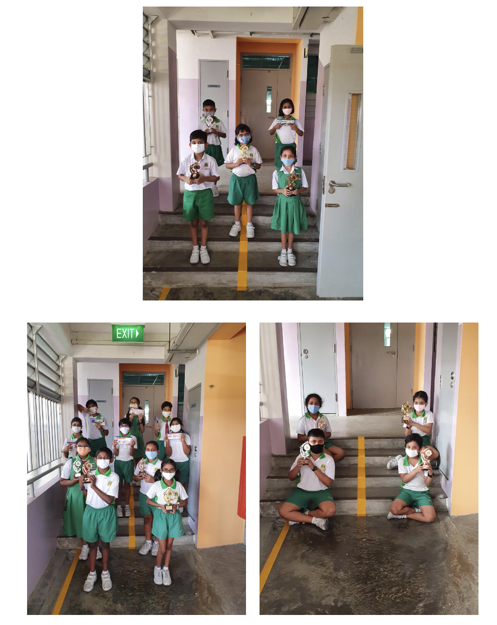 Children in green and white school uniforms wearing masks hold trophies on indoor stairs in three group photos.