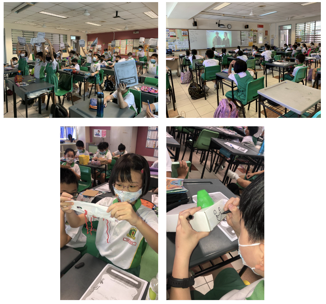 Four classroom scenes showing masked students in green uniforms doing hands-on craft activities and watching a projected video.