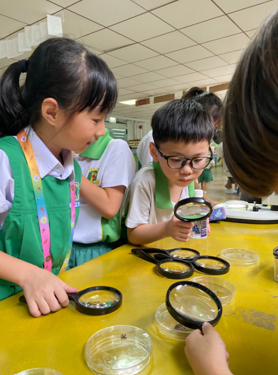 A student looking though a magnifying glass