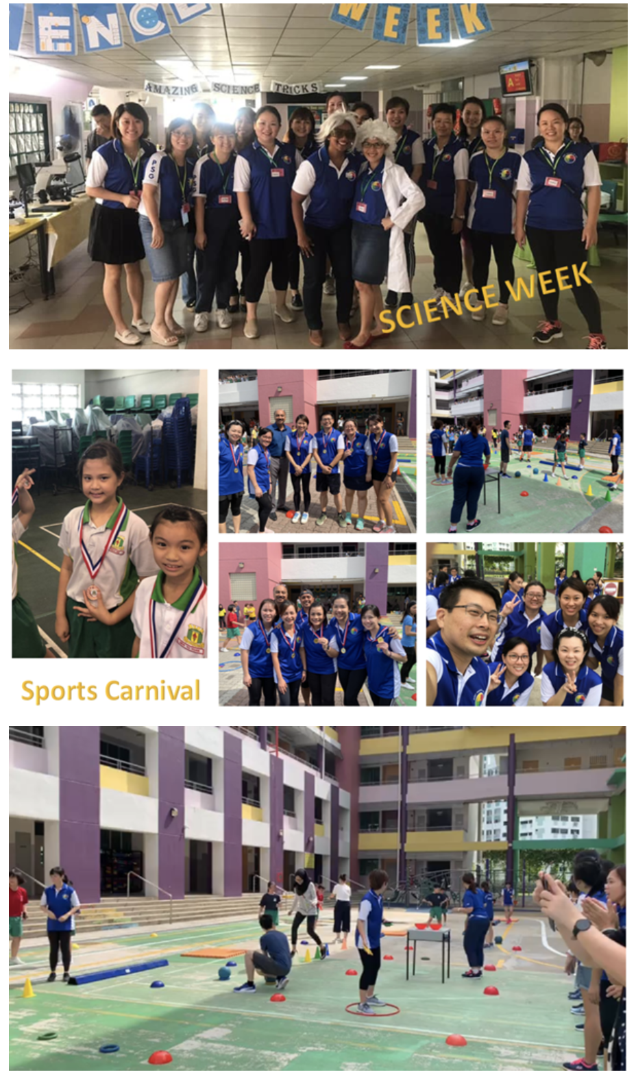 School staff and students at Science Week and Sports Carnival events, posing in blue vests and playing outdoor activities.