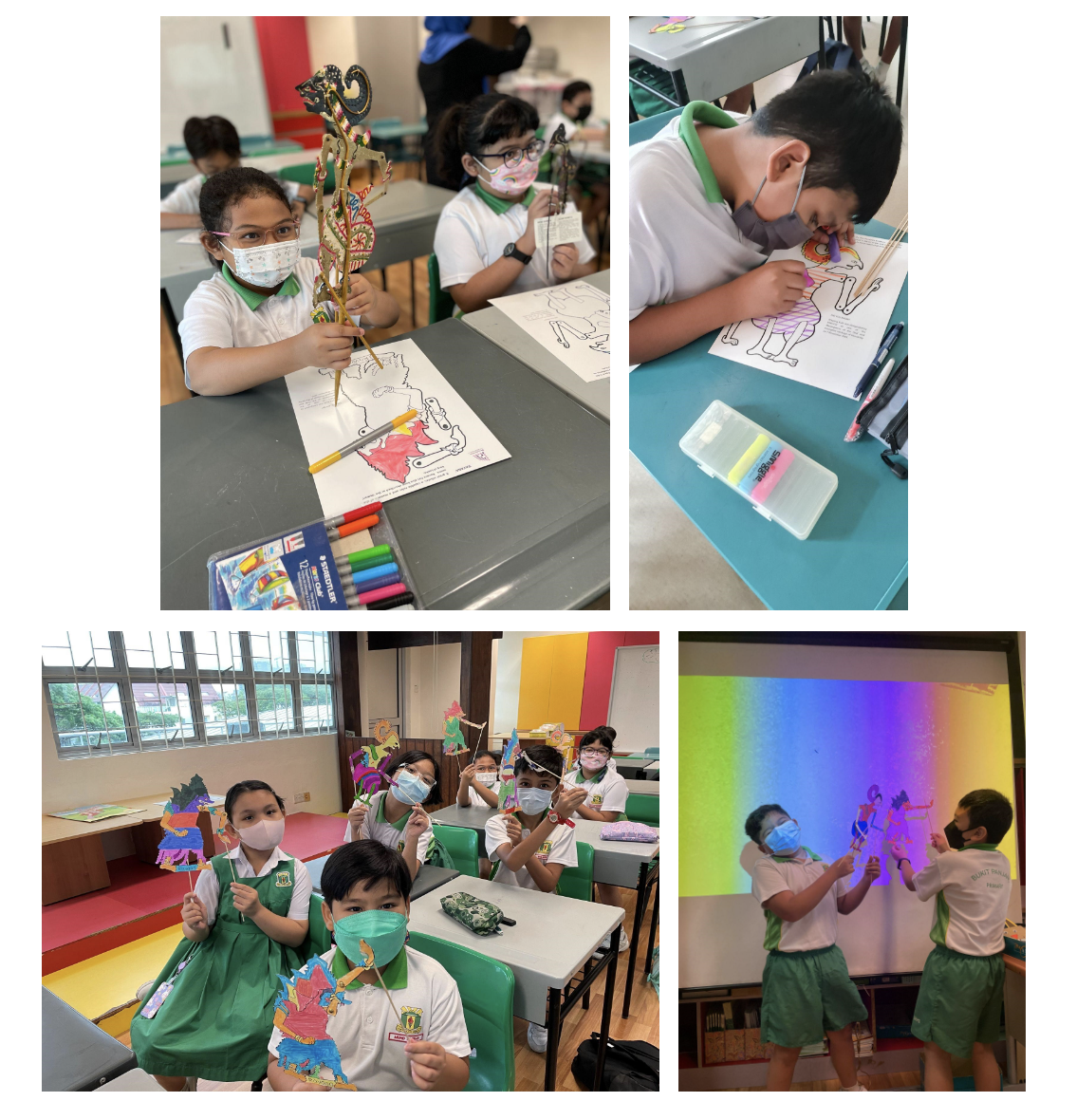 Children in school uniforms and masks make and display colorful shadow puppets, and perform with them on a lit screen.