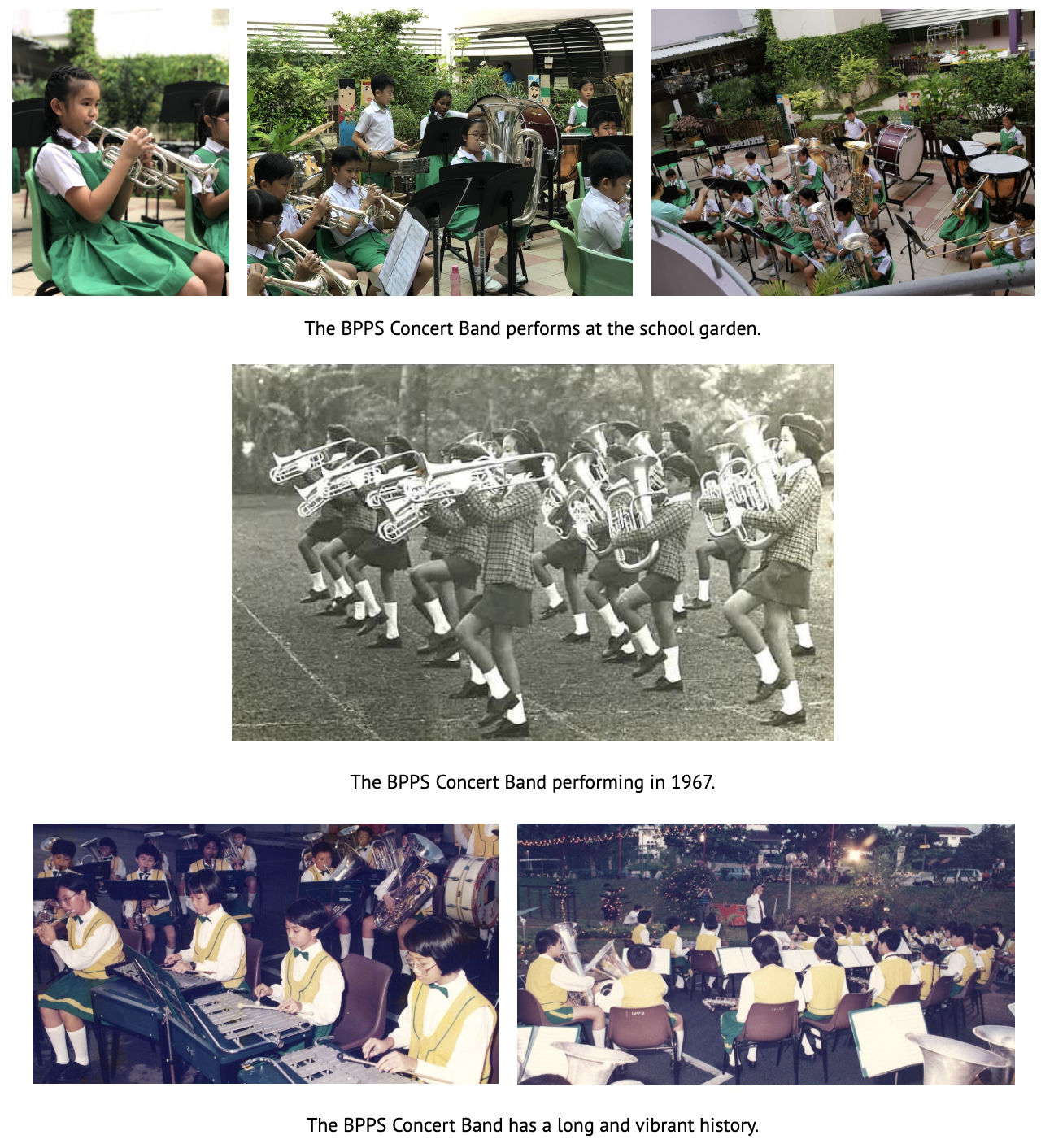 Five photos showing BPPS Concert Band students playing brass instruments and marching across different decades.