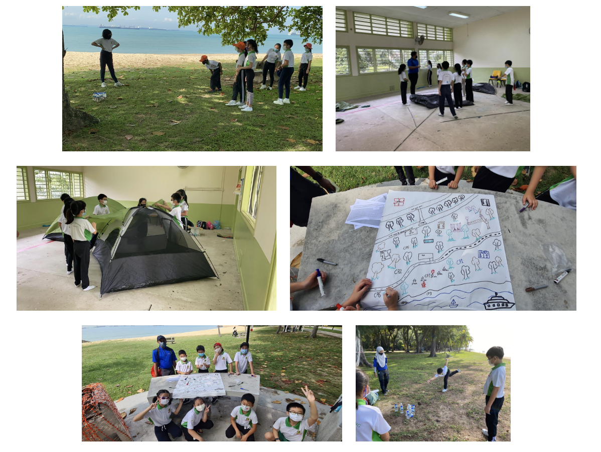 Six photos of masked students doing outdoor camp activities: beach games, tent setup, map drawing, and group work.