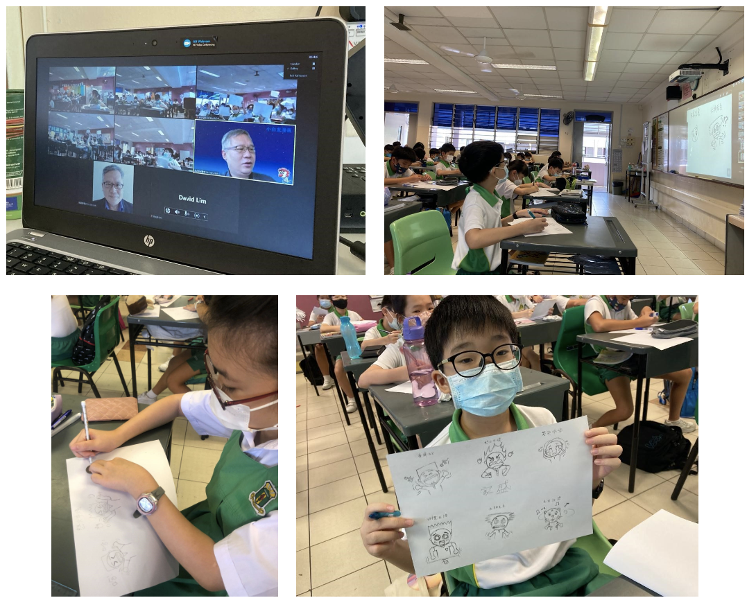 Students in green uniforms attend an online drawing class, with one child holding up a sheet of cartoon sketches.