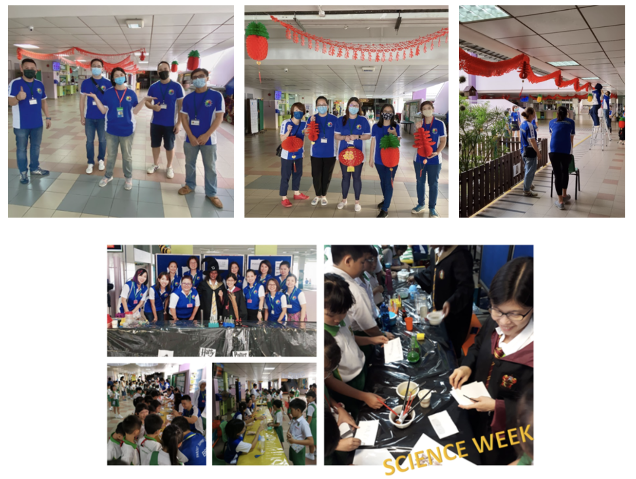 Five photos show masked staff in blue shirts decorating a hall and students doing Science Week experiments at tables.