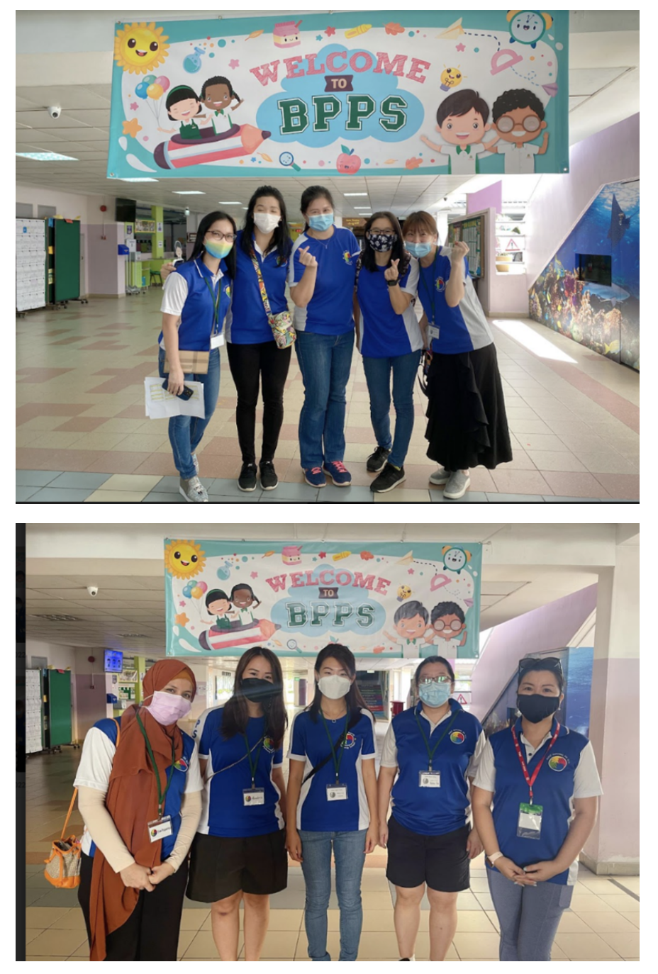 Two groups of masked people in blue uniforms pose indoors beneath a colorful "Welcome to BPPS" banner.