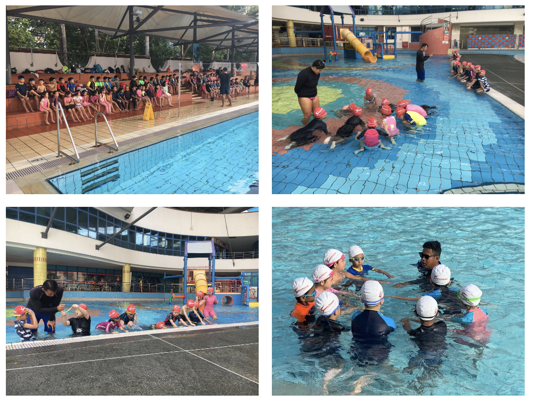 Four photos showing children in swim caps receiving swimming lessons from instructors at an outdoor pool facility.
