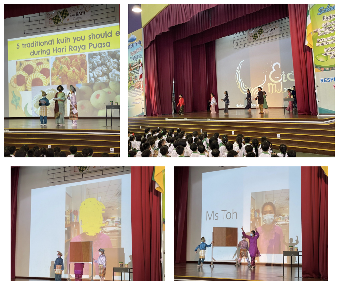 Four photos of a school Hari Raya stage celebration with students in traditional dress presenting to a seated audience.