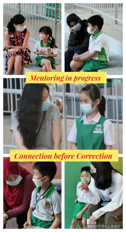 Collage of masked adults mentoring young children in green school uniforms, with text reading Mentoring in progress and Connection before Correction.
