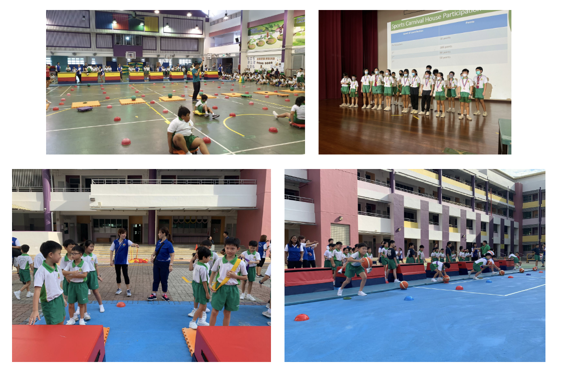 Four photos of a school sports carnival showing children in white and green uniforms playing games and receiving medals on stage.