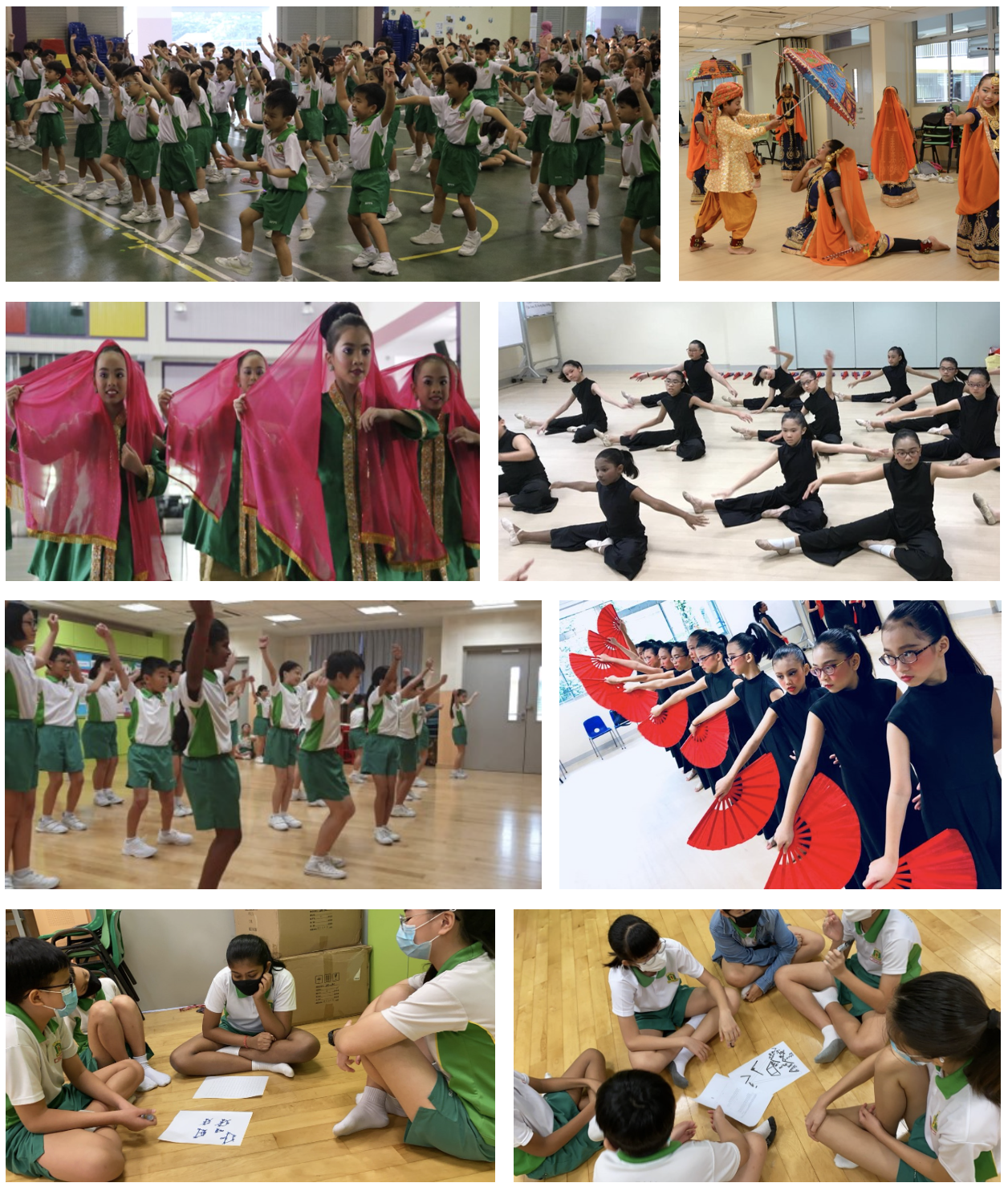 Six scenes of children and teens in dance performances, including Indian, fan, and group dances, plus kids sitting on floors drawing.