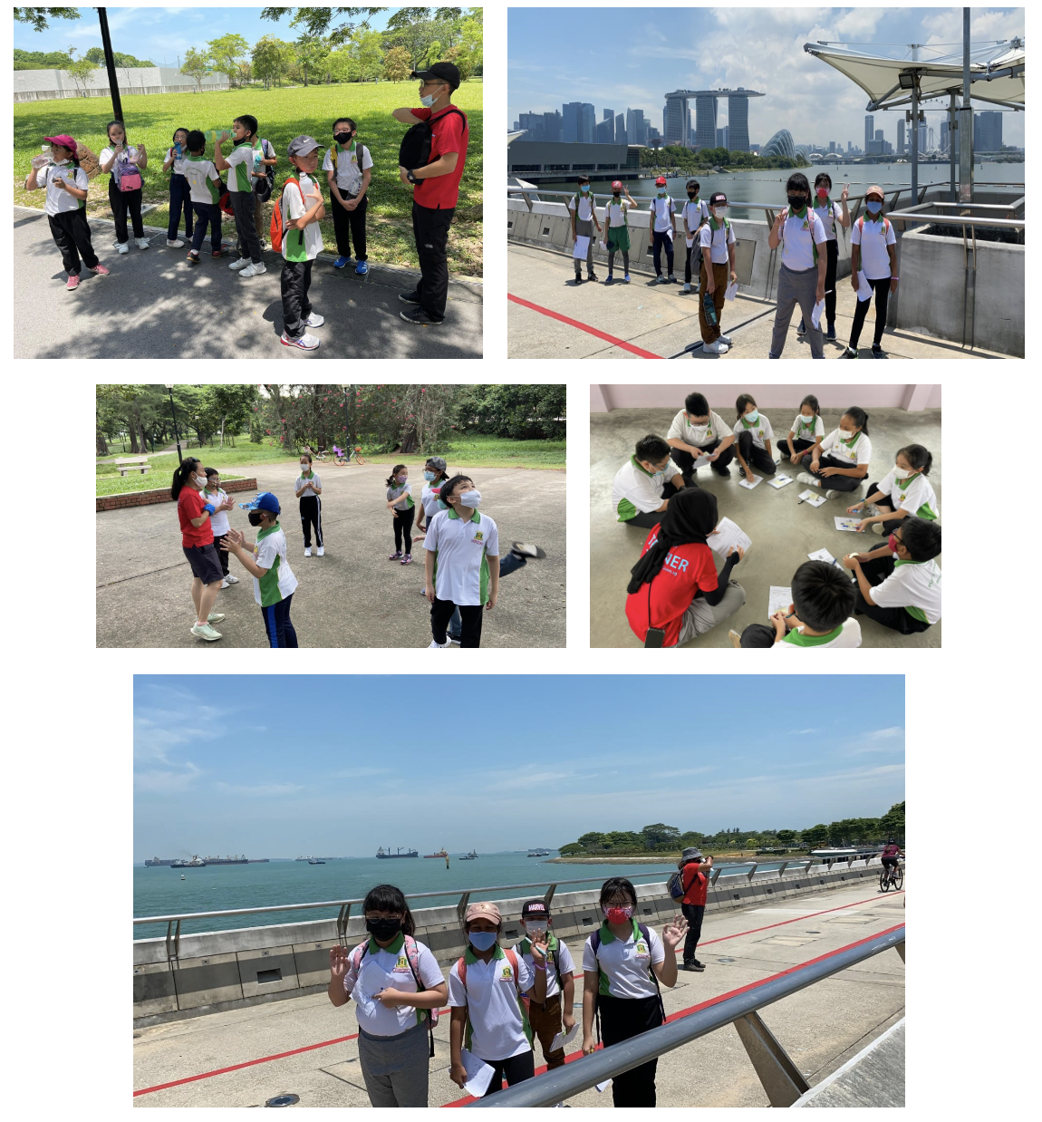 Five photos of masked schoolchildren on an outdoor field trip, posing near water, in parks, and sitting in a circle indoors.