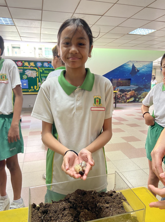 Student cupping with their hands a caterpillar 4