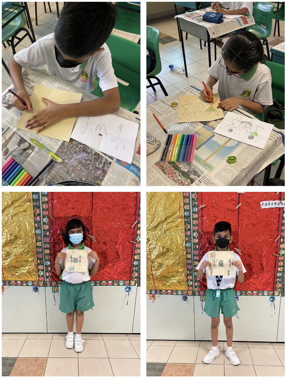 Four school children in uniforms and masks draw artwork at desks, then proudly display their finished drawings.