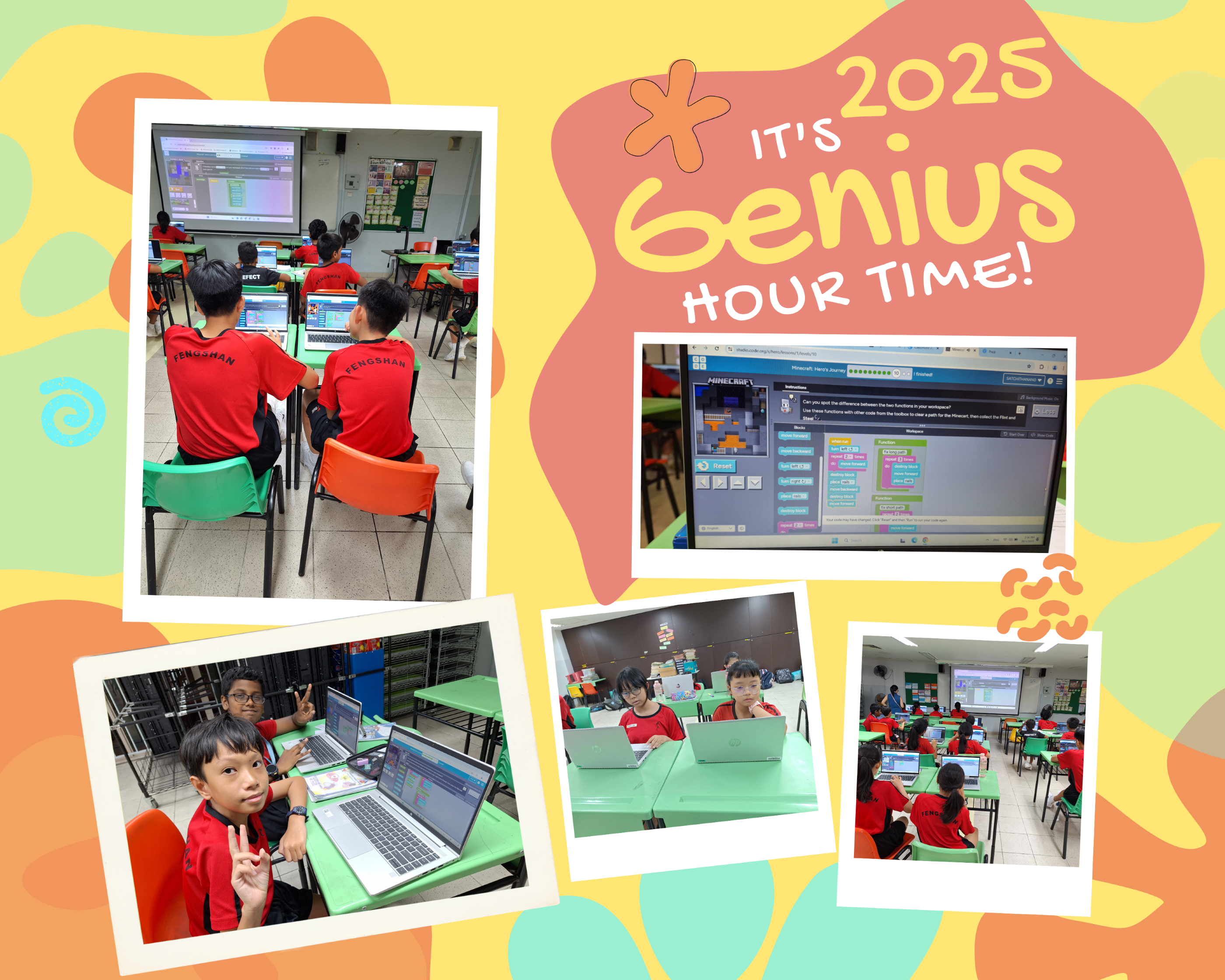 Collage of kids in red shirts using laptops in class, with text: 2025 It’s Genius Hour Time!