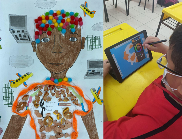 A colorful handmade collage portrait beside a child drawing on a tablet with a stylus at a yellow desk.