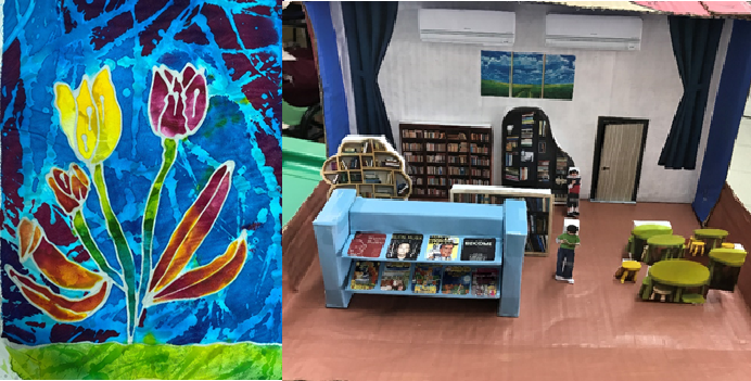 Colorful tulip painting on the left beside a 3D rendered library room with bookshelves and green tables.