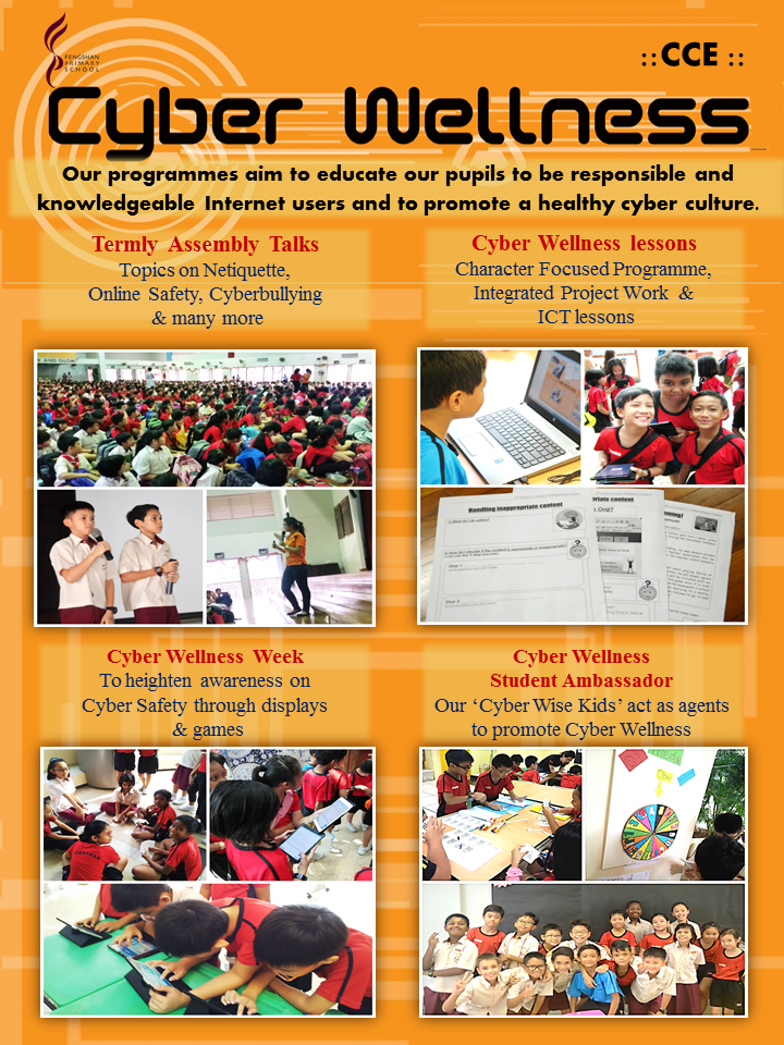 Orange CCE Cyber Wellness school poster showing students in assembly talks, lessons, and ambassador activities.