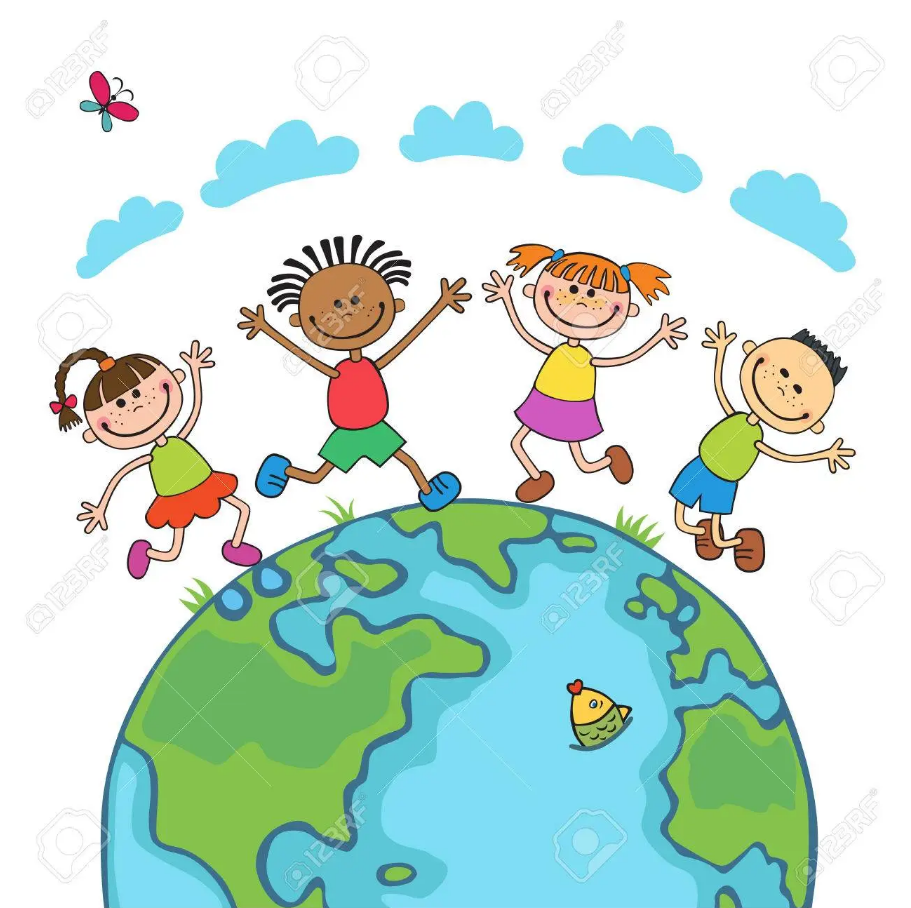 Four cartoon children of different ethnicities jumping and waving on top of a cartoon Earth with clouds above.