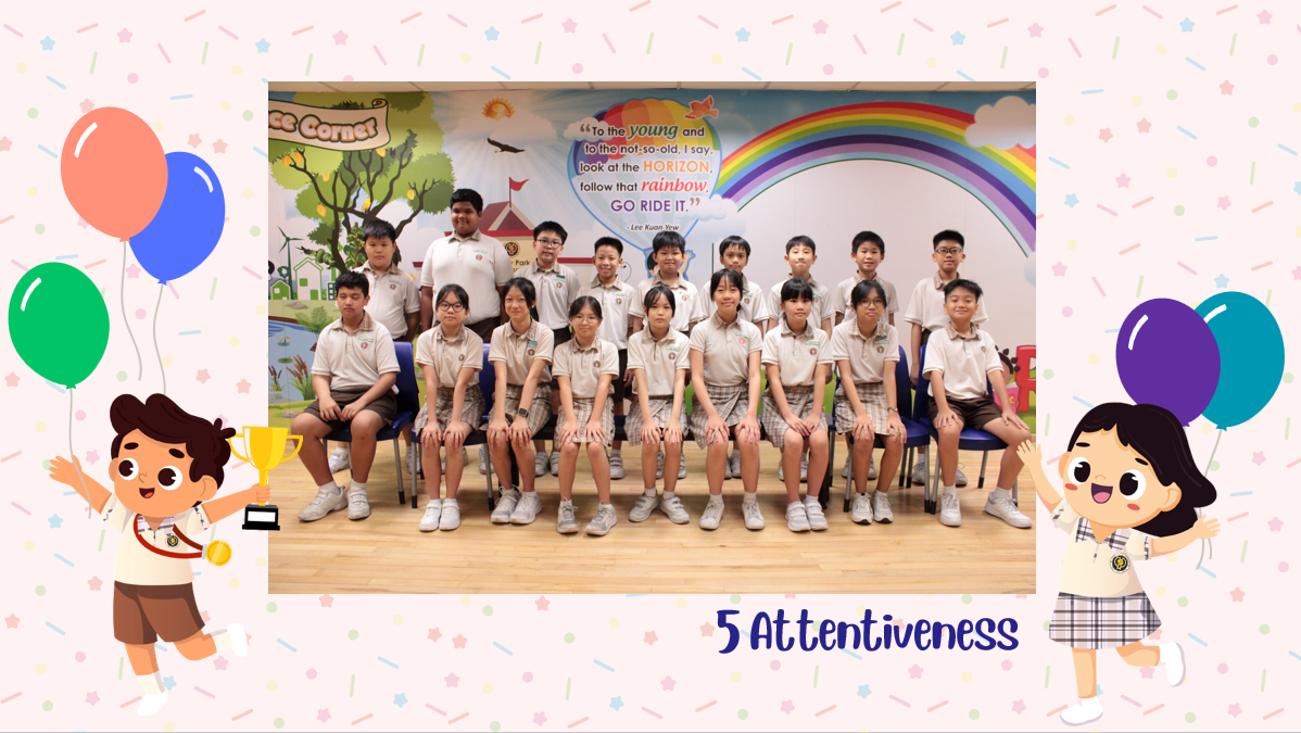 A group of Primary 5A students posing for a class photo after receiving class awards.